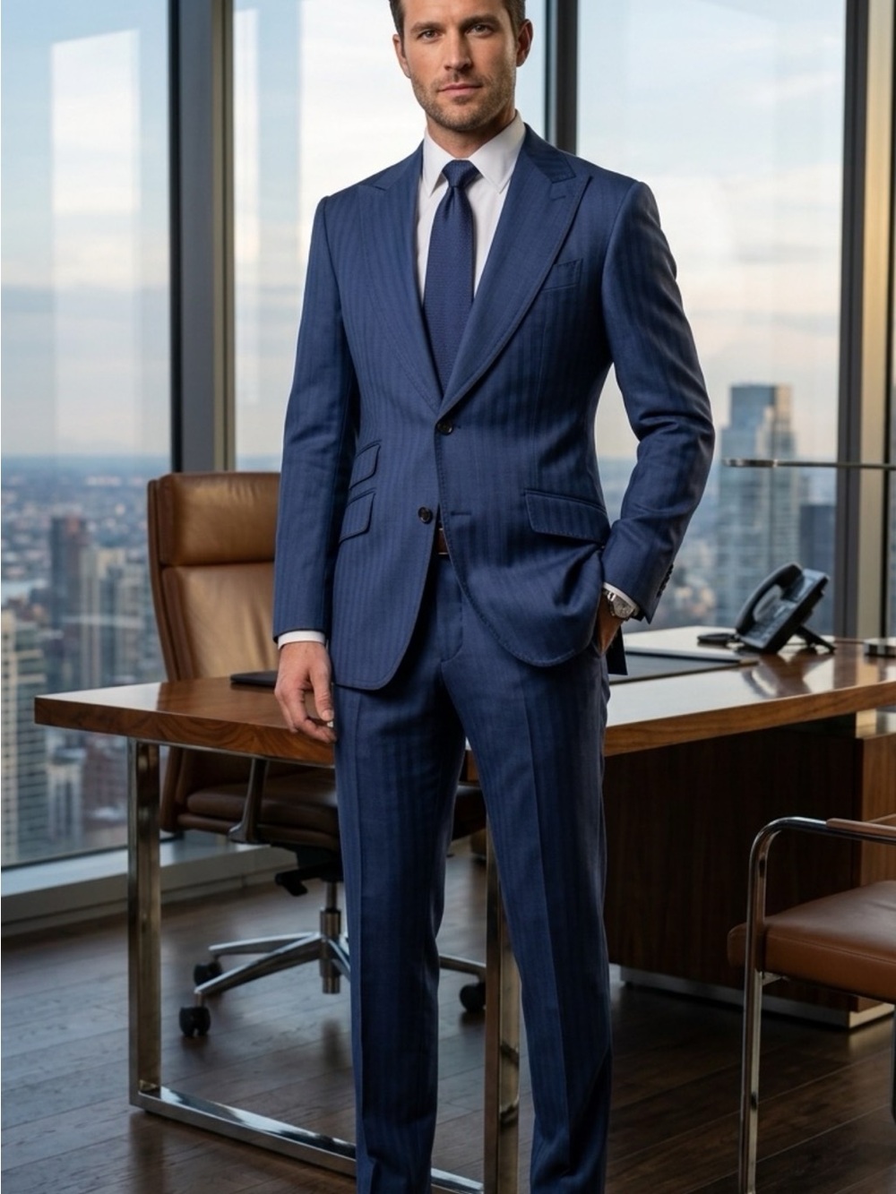Men's Classic Navy herringbone wool Suit